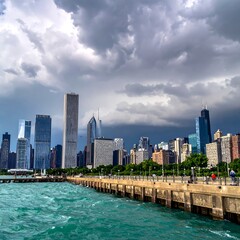 Obraz premium Chicago cityscape with cloudy sky waterfront.
