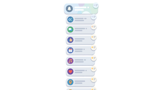 Minimalist 2D flat vector illustration of a vertical stack of mobile application user interface notification bubbles with icons for settings, messages, likes, and events on white background.