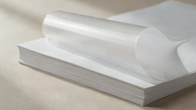 Medium framing of paper laminated with a starch blend film emphasizing biodegradable material application for environmentally responsible packaging solutions.