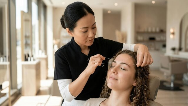 Professional Asian beautician shaping eyebrows of female client using threading technique