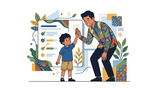 2D flat vector illustration of a smiling man in a traditional batik shirt high-fiving a young boy in front of a success checklist with checkmarks, progress bars, and organic foliage.
