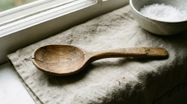Wooden spoon and bowl of flour on fabric surface near window for baking essentials