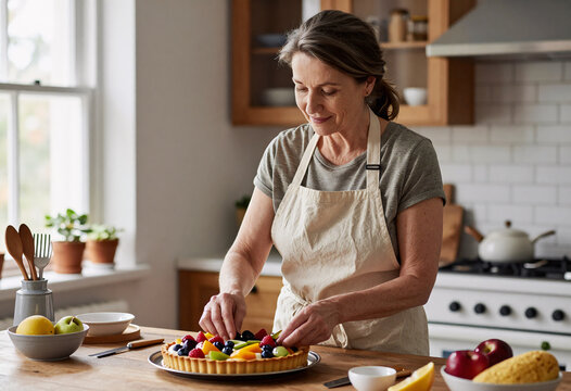Mature Woman Baking Homemade Fruit Tart in Classic Kitchen