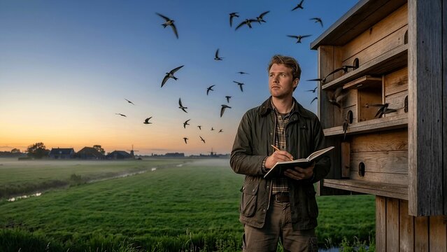 Ornithologist or researcher taking notes in notebook next to wooden swiftlet house at sunrise