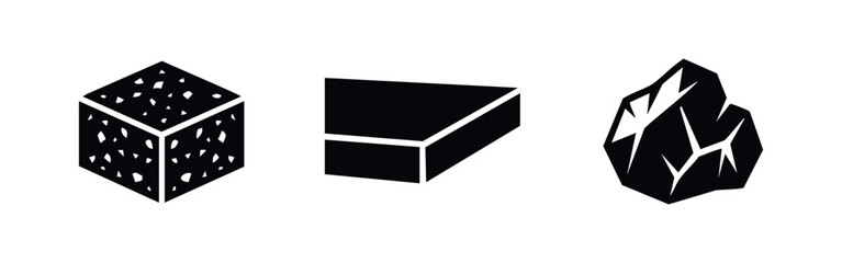 Set of minimalist black vector icons representing construction materials: a concrete aggregate block, a stone slab, and a jagged rock. © Lili