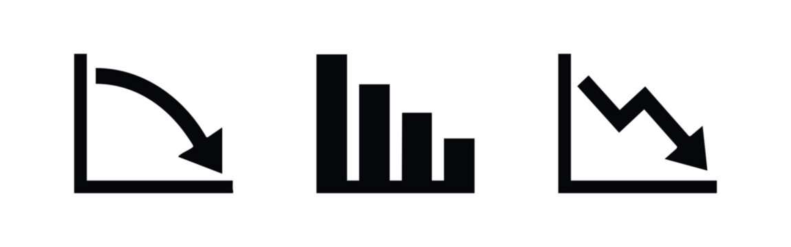 Minimalist black icons illustrating negative business trends, financial loss, and market decline with bar charts and downward arrow graphs.