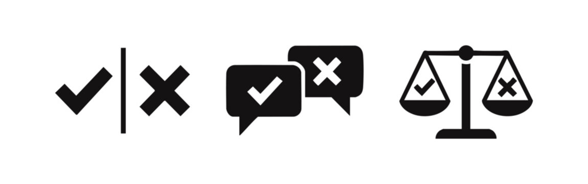 Minimalist black icon set for pros and cons, comparison, and evaluation with checkmark and cross symbols on scales and speech bubbles.