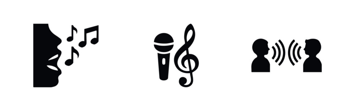 Black icon set representing vocal performance and communication, featuring a singing face, music notes, a microphone, and two people in conversation.