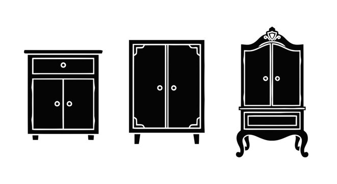 Vector illustration of set of vintage wooden cabinets and cupboards on a transparent background