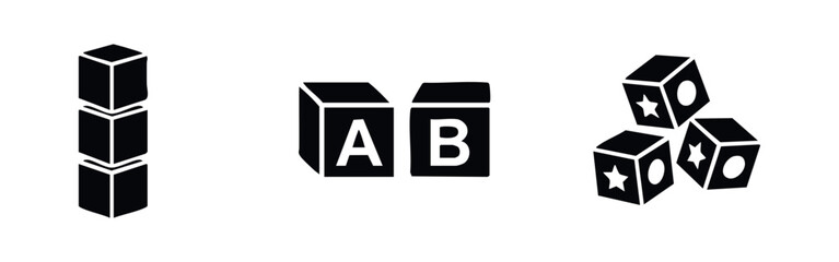 Minimalist black icons of toy building blocks featuring stacks, alphabet letters A and B, and decorative shapes like stars and circles. © Lili