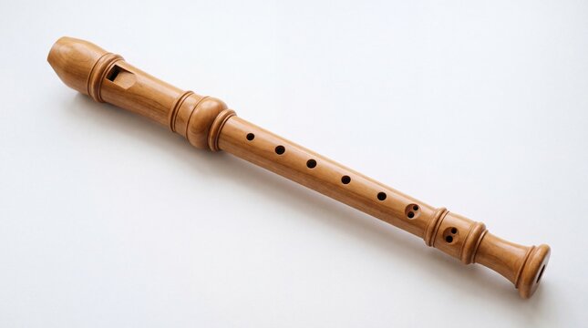 Elegant Wooden Recorder on White Background: A Classic Musical Instrument for Education and Performance (111 characters)
