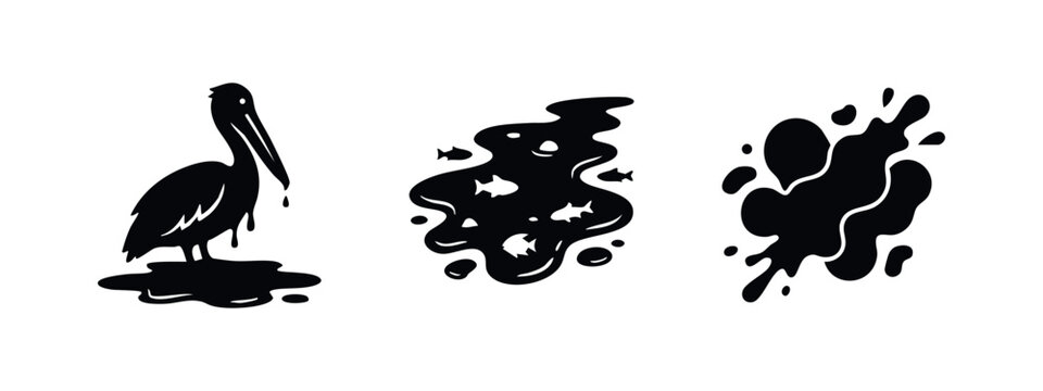 Black vector icons illustrating oil spill pollution, featuring a dripping pelican, dead fish in an oil slick, and a large spill splatter.