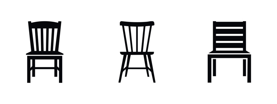 Minimalist vector illustration featuring three diverse wooden chair silhouettes in black, isolated on white for furniture and design projects.