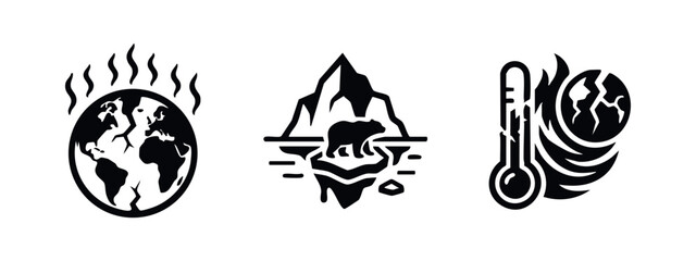 Minimalist icons depicting climate change: global warming, melting ice caps with a polar bear, and rising extreme global temperatures. © Lili