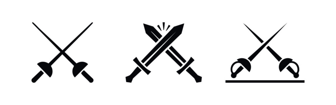 Set of three black crossed sword icons on a white background, representing fencing, dueling, and combat sports in a minimalist vector style.