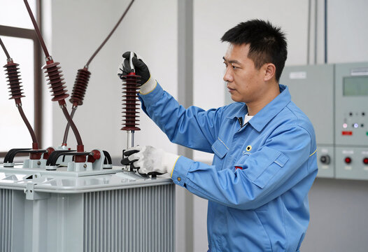 Electrician connecting high voltage transformer