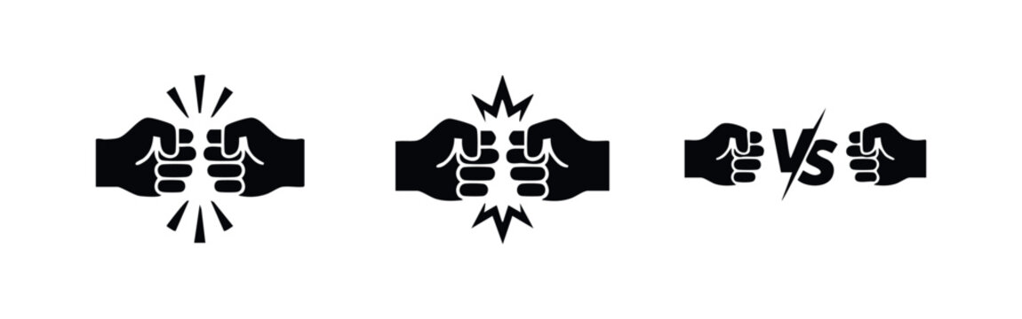 Minimalist black icons representing fist bumps and versus competition. Ideal for themes of partnership, team spirit, conflict, and gaming battles.