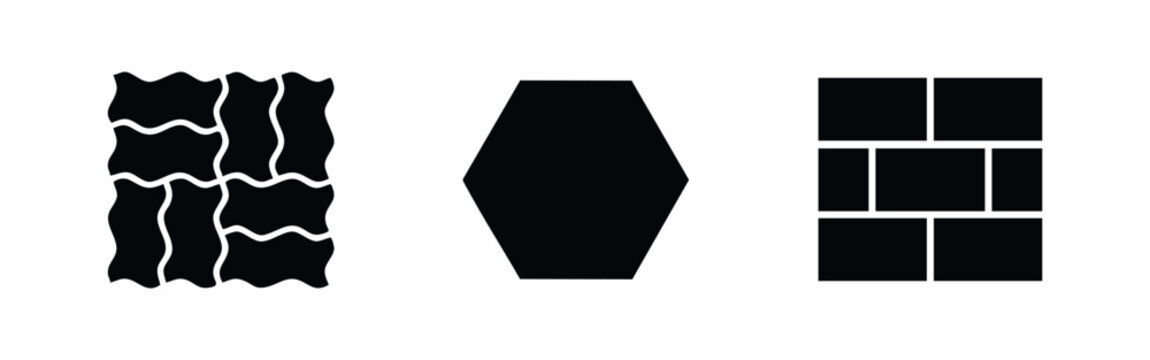 Set of black vector icons representing various paving and masonry patterns: interlocking wavy stones, a hexagonal tile, and a classic brick wall.