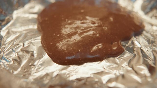 Closeup chocolate batter on foil, glossy brown mixture resting on crinkled aluminum, thick texture catching warm kitchen light, evokes homemade dessert preparation and tactile richness