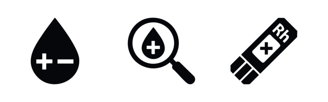 Set of three black icons representing blood testing and Rh factor analysis. Includes blood drops, a magnifying glass for screening, and a test strip.