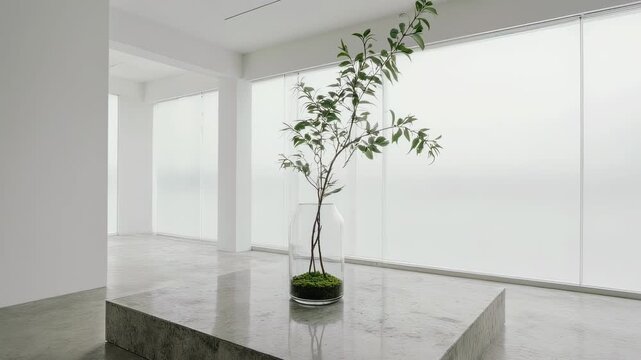 Minimalist interior with small tree.