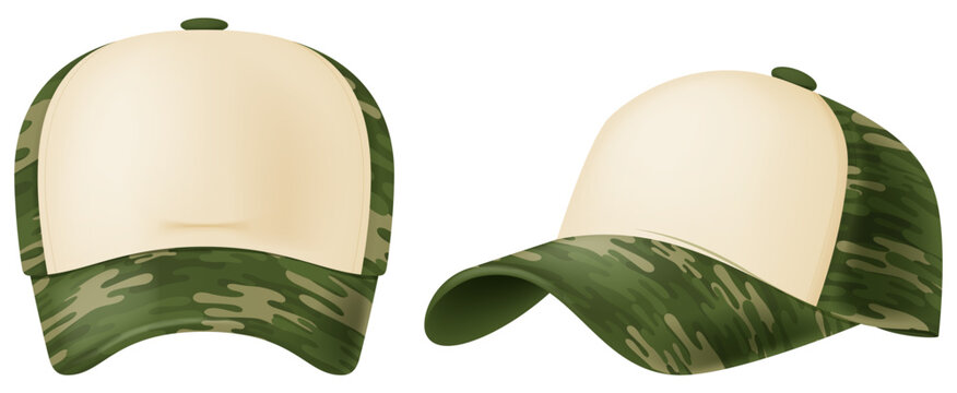 Camouflage trucker hat mockup with blank front panel, front and side view isolated on white background. Photo- realistic vector illustration.