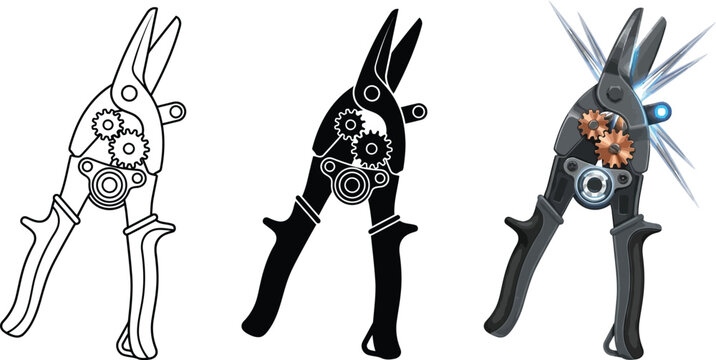 Industrial tin snips vector illustration set featuring outline silhouette and detailed versions with mechanical gears for construction proje