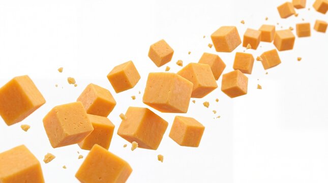 Cheddar Cheese Cubes Floating on White Background, Perfect for Food Industry and Recipe Illustrations, Studio Shot, Isolated, Copy Space, 109 chars