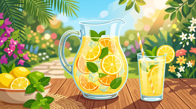 Refreshing Lemonade in a Garden Setting: A pitcher brimming with icy lemonade, filled with fresh lemon and orange slices, sits beside a tall glass with a straw.