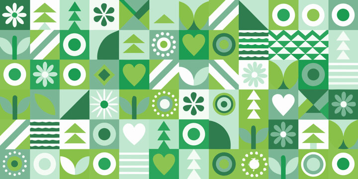 Geometric Patchwork Pattern In Shades Of Green Featuring Circles Hearts And Flowers