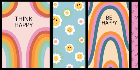 Retro seventies style floral and rainbow pattern on four vertical posters colorful design © Bijoy