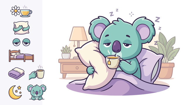 Flat vector illustration of a tired teal koala character in bed holding a white pillow and drinking a hot cup of tea with a side set of matching sleep and morning routine icons.