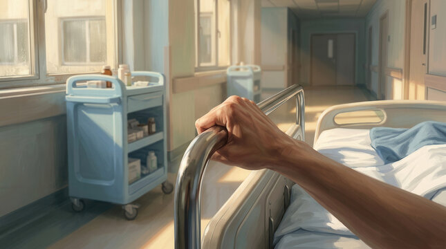 Hospitalized Patient's Hand Grips Bed Rail, Suggesting Sickness and Emotional Distress