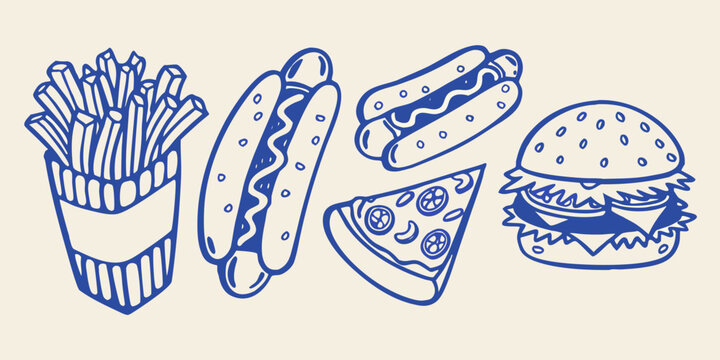 Hand drawn Fast Food Items In Blue Sketch Style Including Hot Dogs And Pizza