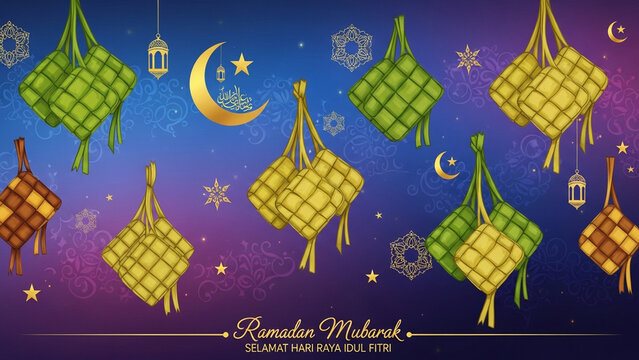 Ramadan Mubarak Ketupat Lanterns Moon Stars Islamic Background
