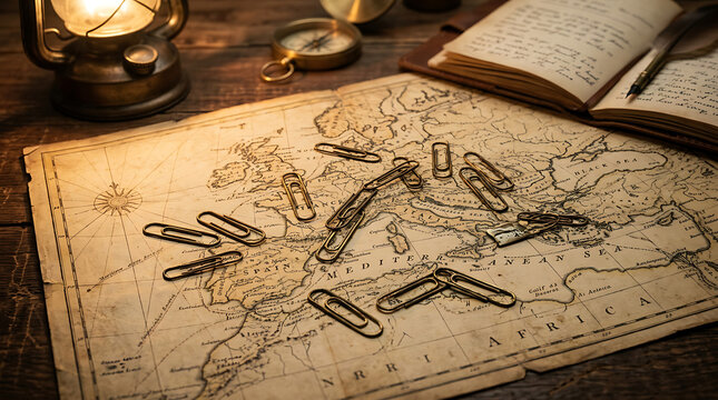 Antique brass paperclips artfully arranged on a vintage map of Europe, evoking a sense of exploration and history.