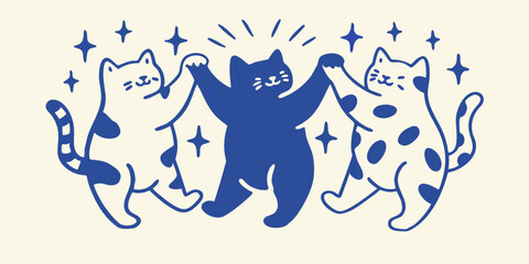 Three Cats Holding Paws A Whimsical Blue Vector Illustration With Sparkle Effects © Bijoy