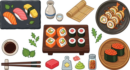 Sushi and Japanese Cuisine Vector Illustration Featuring Nigiri, Maki, Uramaki, Gunkan, Fish Roe, Soy Sauce, Wasabi, Ginger, Chopsticks, and Bamboo Mat for Food Design Projects © MstRanzina