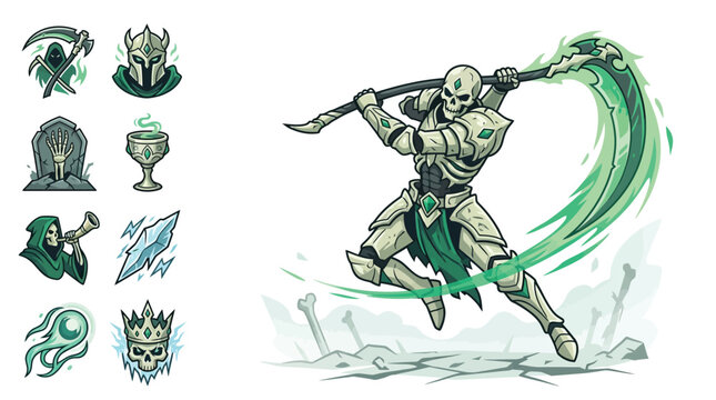 Vector illustration set featuring a skeleton warrior in bone armor swinging a glowing green scythe alongside fantasy necromancy icons like a grim reaper, skull king, and tombstone.