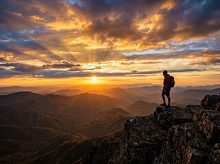 Obraz premium Hiker standing on mountain peak at sunset with breathtaking view