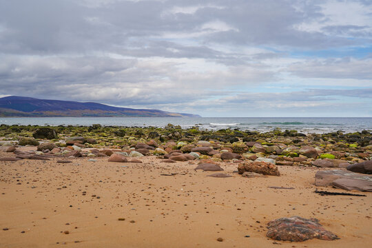 Brora beach in the Scottish highlands. Brora is a village on the North Coast 500 route in Scotland