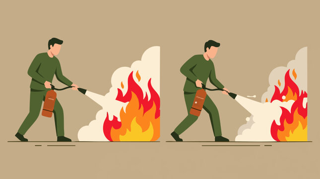Man using fire extinguisher to put out a fire, emergency safety illustration