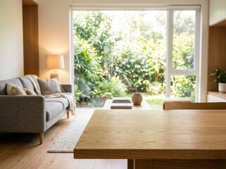 Fototapeta premium Modern living room with wooden table and garden view
