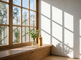 Fototapeta premium Cozy window seat with vase and greenery