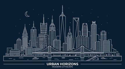 Fototapeta premium Night Urban Skyline Line Art, Modern Cityscape with Bridge and Skyscrapers Vector