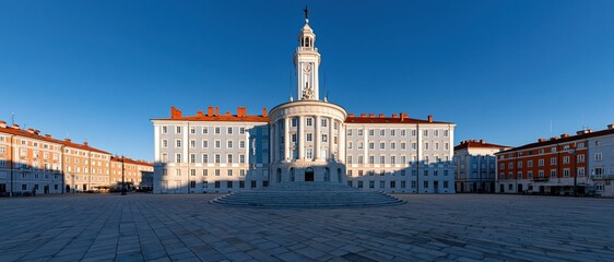 Obraz premium A panoramic view of an impressive historic building with a tower, displaying architectural grandeur and the beauty of urban design against a clear blue sky during the day.
