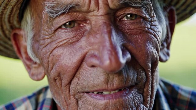 Close up montage presents a wise, elderly farmer wearing a straw hat, his face etched with the wisdom of years spent working the land, in a slow motion sequence