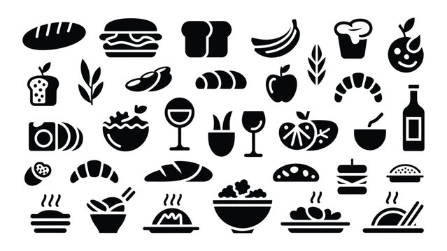 Set of various food and beverage icons featuring bakery items fruits vegetables and restaurant meals in a minimalist black vector style