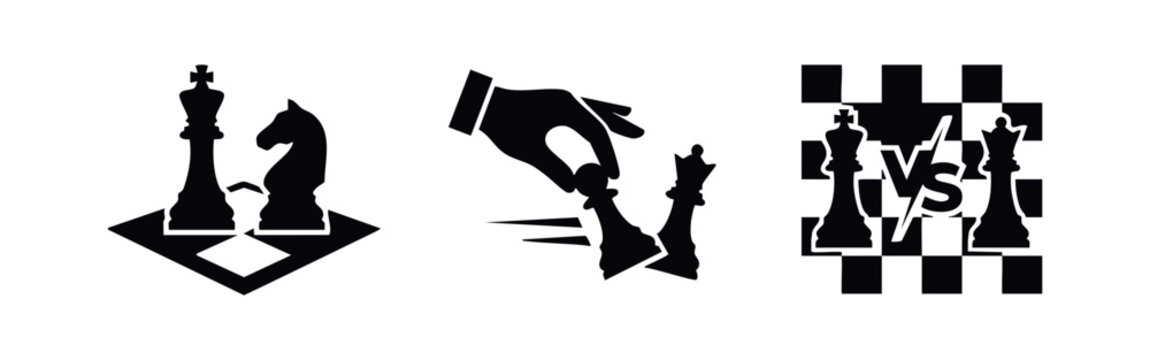 Chess Game Strategy and Competition Icons Set. Chess Pieces, Hand Moving Piece, and Chessboard Battle Silhouettes