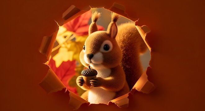 Cute fluffy squirrel holding an acorn peeking through a torn orange paper hole with autumn leaves in the background